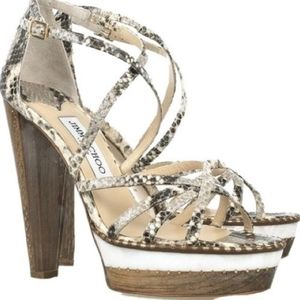 Jimmy Choo Python Print London Tone Block Heel Sandals Women's Size 39.5 Classic